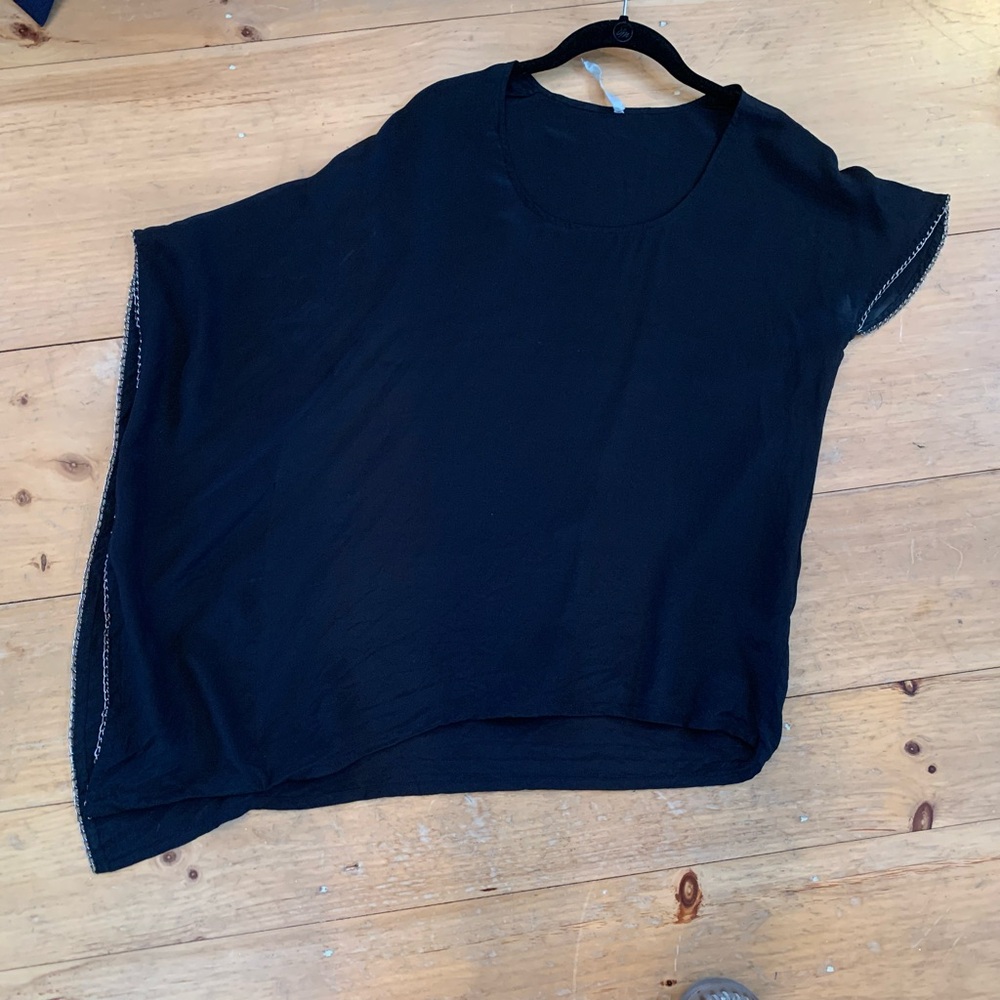 ‘Chelsea Flower’ Asymmetrical Black Blouse With Chain Accent, Size XS, 100% Silk